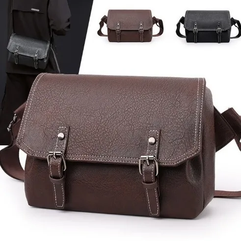 Vintage Men PU Leather Messenger Bag Waterproof Litchi Texture Shoulder Bag With Contrast Stitching Business Commuter Bag