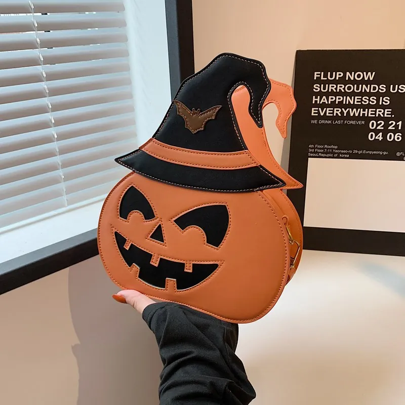 Creative Halloween Pumpkin Crossbody Bag For Women Witch Hat Design Orange PU Leather Funny Party Shoulder Bag Bat Decor