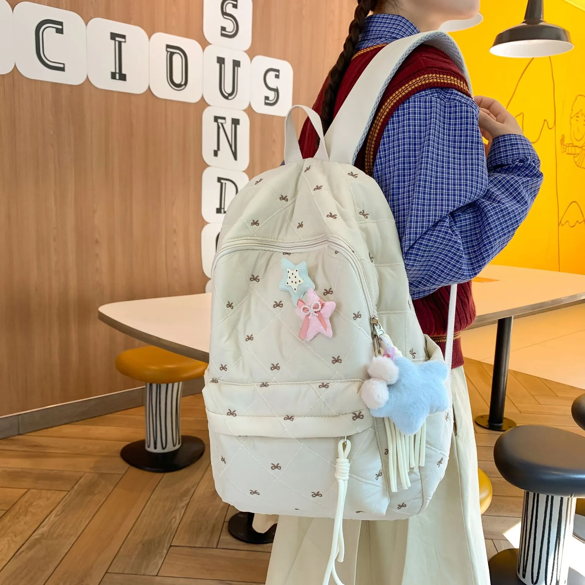 Kawaii Quilted Nylon Backpack For Women Teens Embroidered Bowknot School Bag With Star Charms Casual Travel Daypack