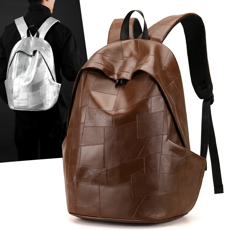 Large Capacity PU Leather Backpack For Men Minimalist Patchwork Schoolbag Waterproof Travel Bag Casual Student Rucksack