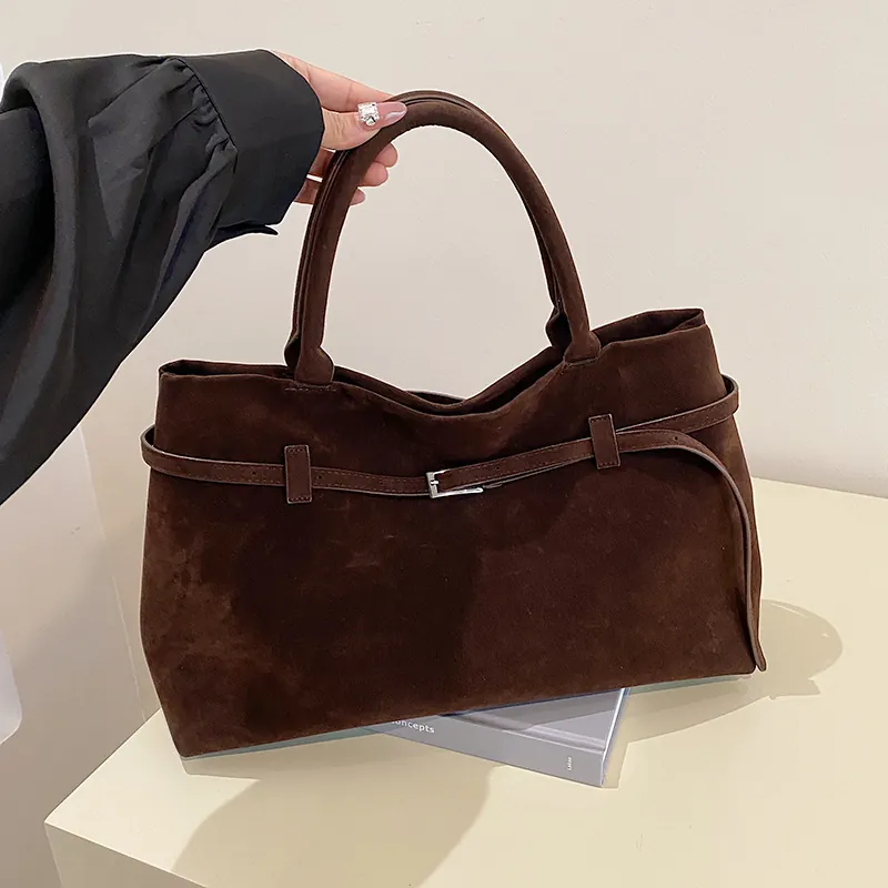 Sac Cabas Vintage Femmes Texture Daim Grande Capacité Cuir PU Sac à Épaule Navette Rétro Mode Sac à Main Quotidien