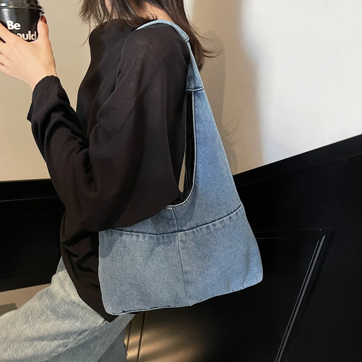 Women Casual Denim Tote Bag Large Capacity Hobo Shoulder Bag Washed Denim Underarm Bag For Daily Travel