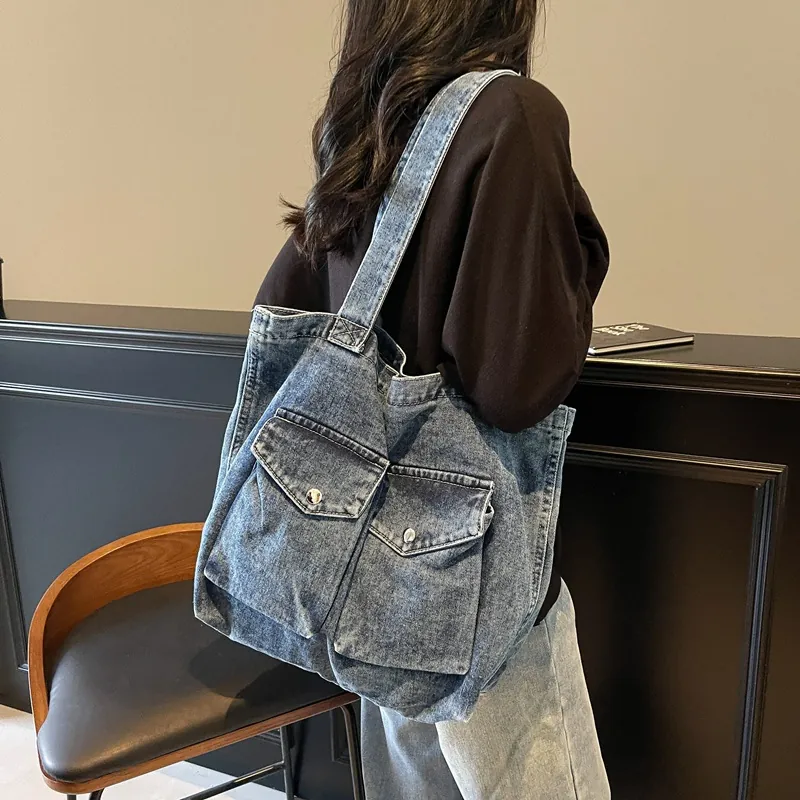 Sac Fourre-tout en Denim Mode pour Femmes Vintage Lavé Grande Capacité Sac à Main Épaule Doubles Poches Avant Casual Voyage