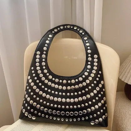 Women Fashion PU Leather Rivet Hobo Bag Retro Studded Tote Bag Punk Style Underarm Shoulder Bag Metal Rivets Decor Handbag