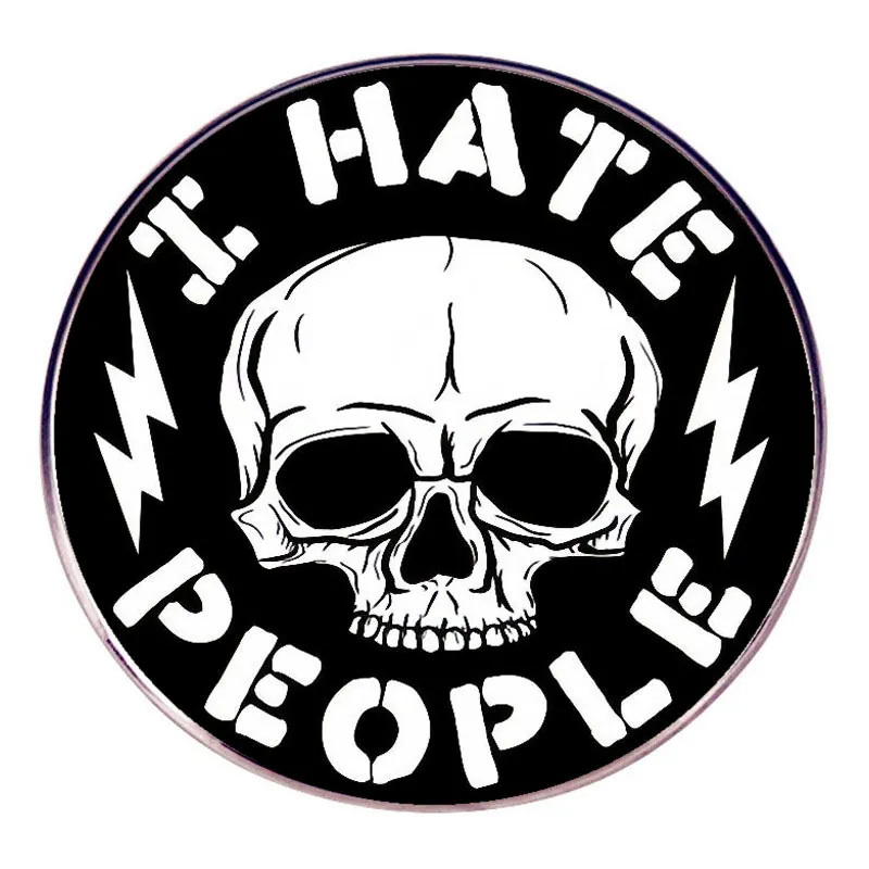 Minimalist Black White Round Alloy Brooch Pin With Skull Lightning Pattern I Hate People Lettering Punk Style Badge Accessory