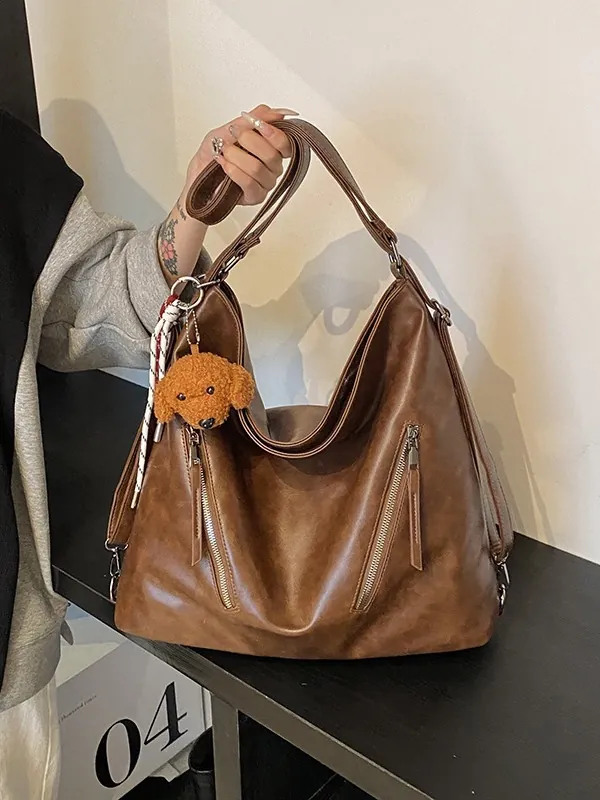 Maillard Vintage Large Capacity Women Backpack Fashion PU Leather Tote Bag With Plush Dog Pendant Retro Casual Shoulder Bag