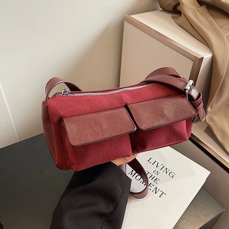 Vintage Suede PU Patchwork Baguette Bag For Women Stylish Commute Shoulder Bag With Double Front Pockets Adjustable Strap