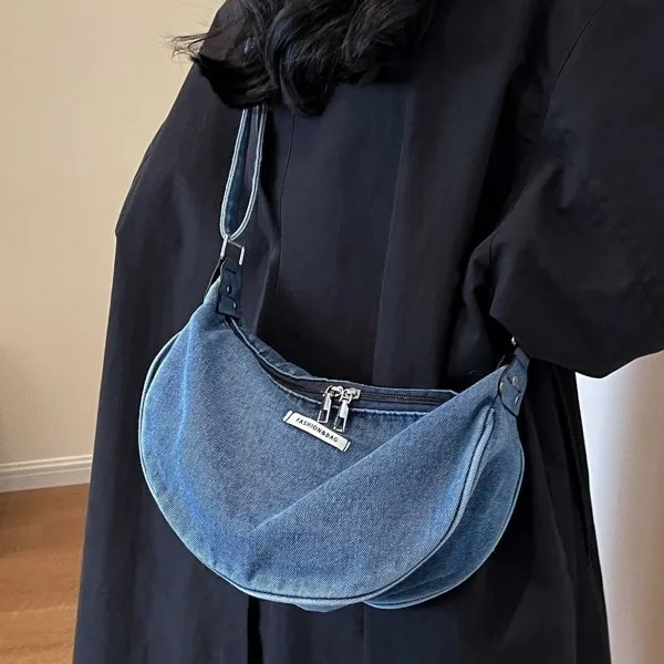 Women Vintage Washed Denim Crescent Shoulder Bag Lazy Style Casual Crossbody Bag With Adjustable Strap Fashion Hobo Bag