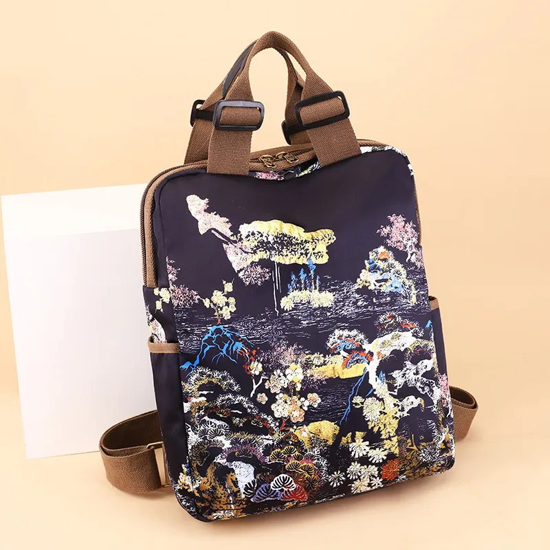 Chinese Stijl Rugzak Met Nationaal Patroon Waterdichte Oxford Stof Grote Capaciteit Laptoptas Voor Reizen Vrouwen Vintage Bloemenprint Casual Daypack