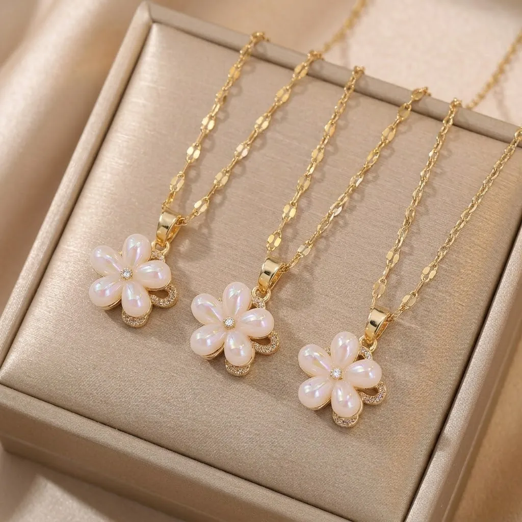 Double Layered Flower Pendant Necklace Iridescent Faux Shell Zirconia Titanium Steel 18K Gold Plated Jewelry For Women