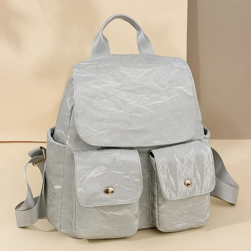 Sac à Dos en Cuir PU pour Femmes Mode Texture Plissée Grande Capacité Sac d'École de Voyage Décontracté Couleur Unie Imperméable Antivol