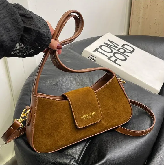 Women Vintage Suede Patchwork PU Leather Underarm Bag Fashion Crescent Hobo Shoulder Bag Gold Metal Buckle Daily Retro Handbag