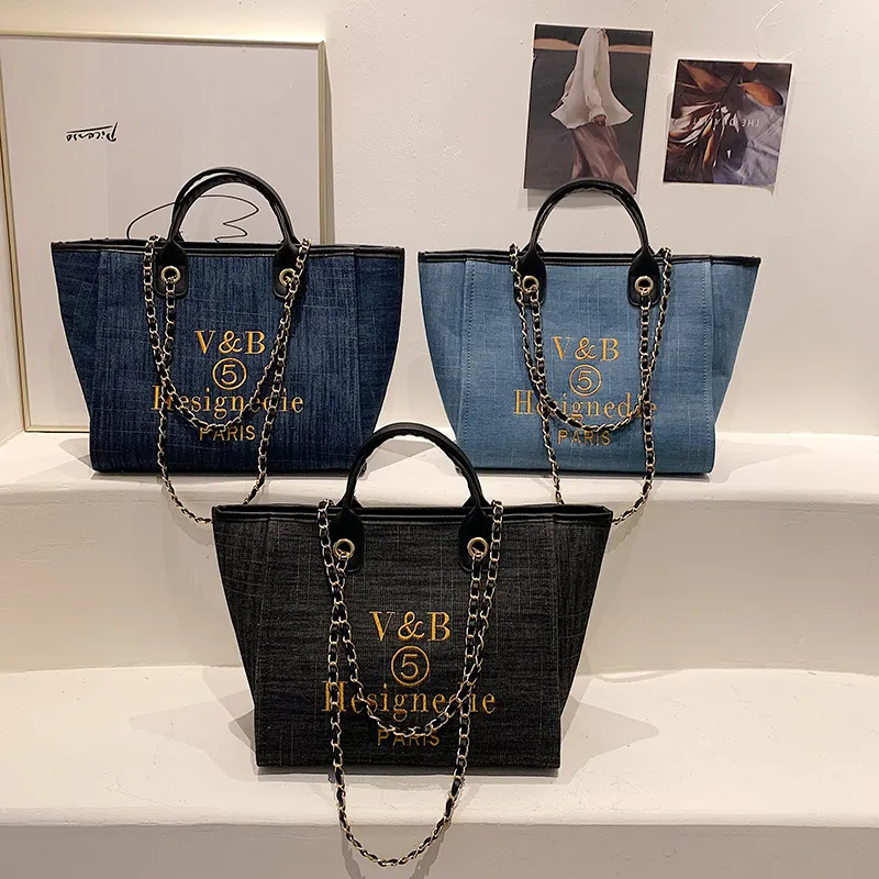 Große Kapazität Denim Einkaufstasche Mit Kettenriemen Bestickte Buchstaben Vintage Handtasche Schultertasche Denim Tasche