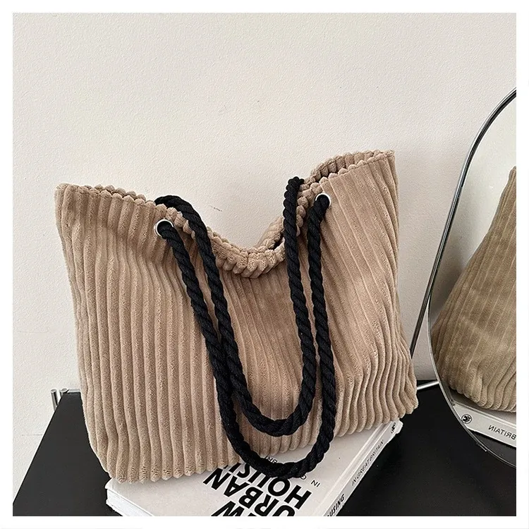Sac Fourre-tout en Velours Côtelé pour Femmes Grande Capacité Sac à Bandoulière Avec Poignées en Corde pour École Quotidien