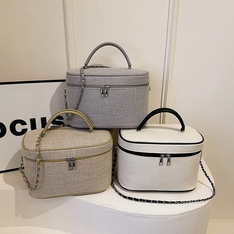 Borsa da Trucco in Tela ad Alta Capacità Forma a Scatola Borsa a Mano a Tracolla da Donna Organizer per Cosmetici da Viaggio