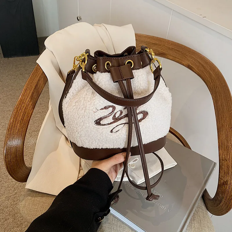 Women Winter Plush Bucket Bag Faux Fur PU Leather Patchwork Drawstring Shoulder Crossbody Bag Vintage Casual Handbag Gift