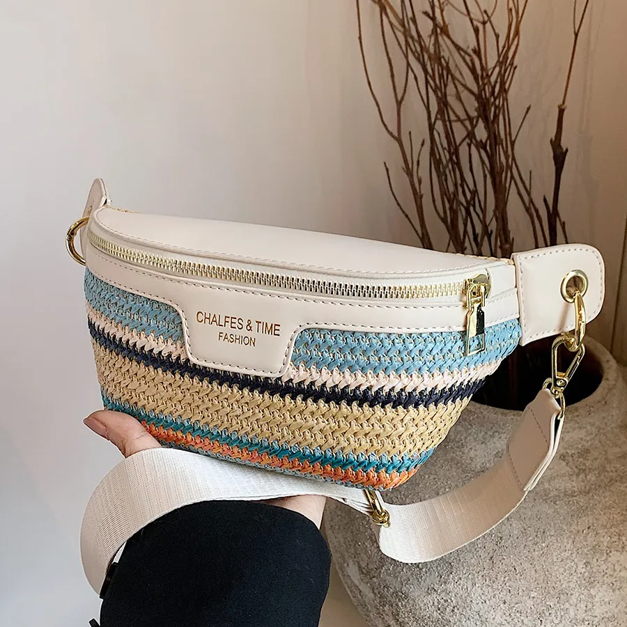 Women's Fashion Woven Patchwork Waist Bag PU Leather Contrast Color Striped Chest Bag Casual Crossbody Sling Bag With Strap