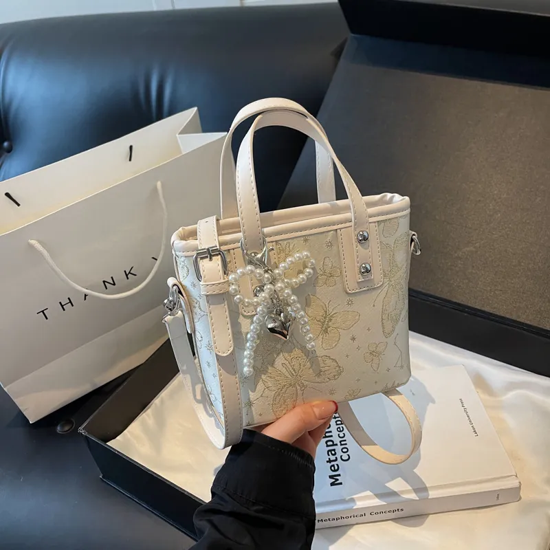 Women Butterfly Print PU Leather Bucket Bag With Artificial Pearl Bow Heart Pendant Crossbody Single Shoulder Handbag Street Style