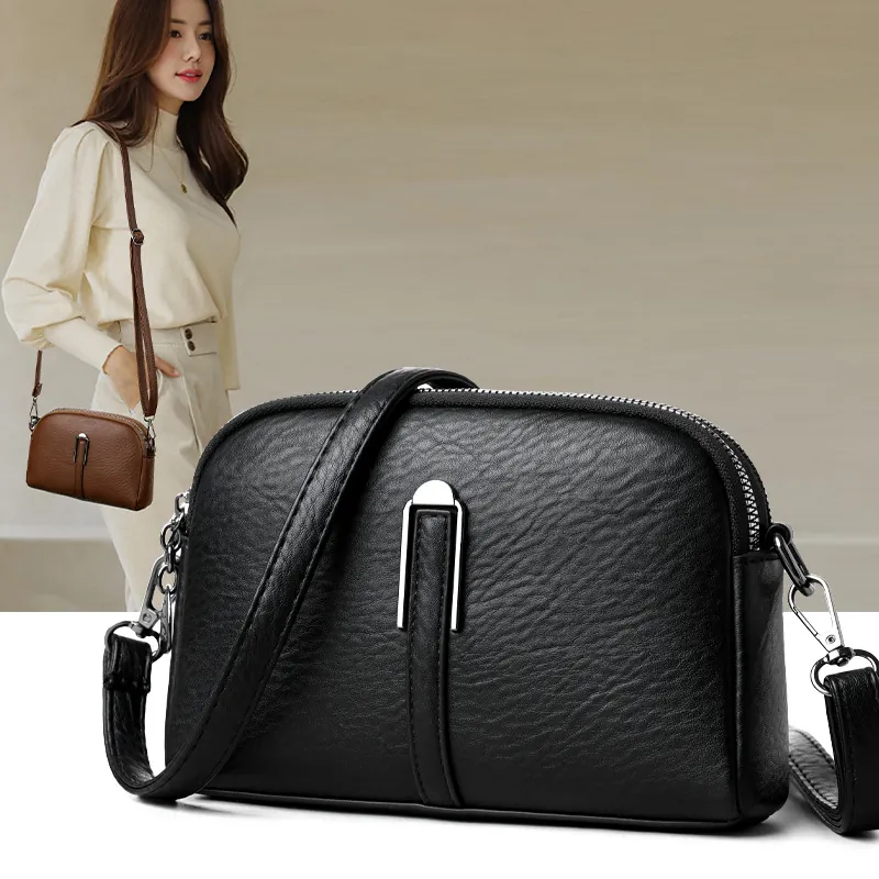 Women Litchi Grain PU Leather Shell Bag Trendy Simple Shoulder Crossbody Purse With Metal Decoration Adjustable Strap