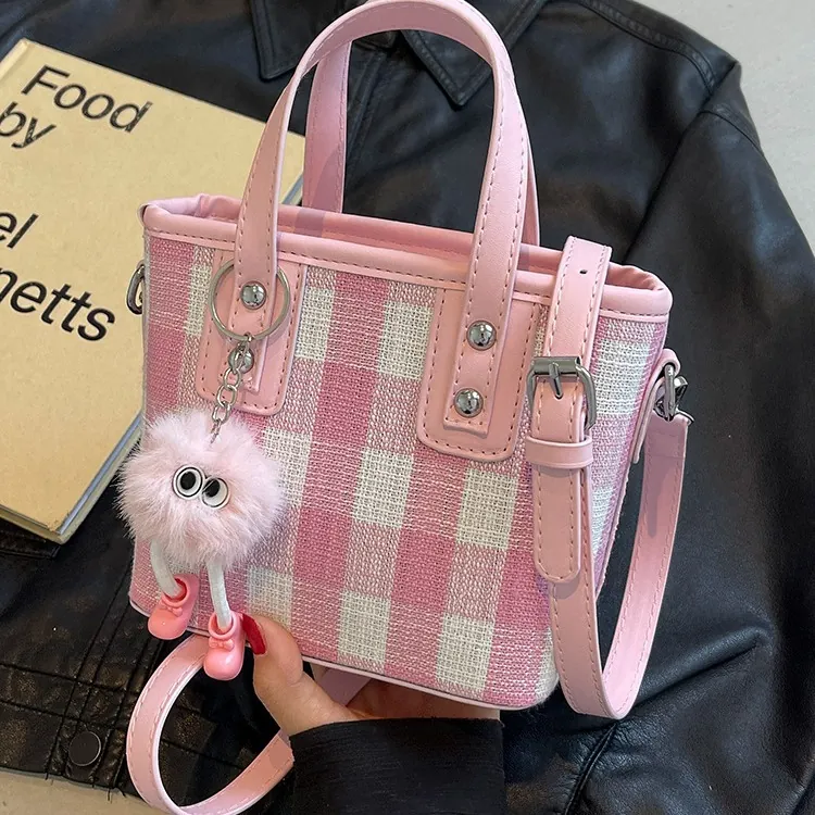 Women's Mini Checkered Bucket Bag Small Woven Handbag With Plush Monster Charm Rivet Shoulder Bag Fashion Tote Bag