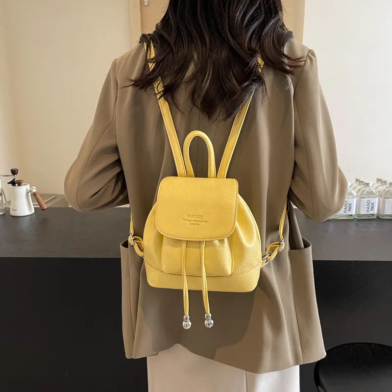 Women Fashion Mini PU Leather Backpack Litchi Texture Drawstring Flap Bucket Bag Versatile Small Travel Rucksack