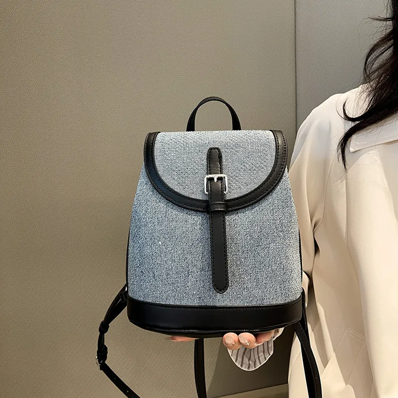 Women Vintage Denim PU Leather Stitched Backpack Fashion Mini Large Capacity Casual Travel School Bag For Girls