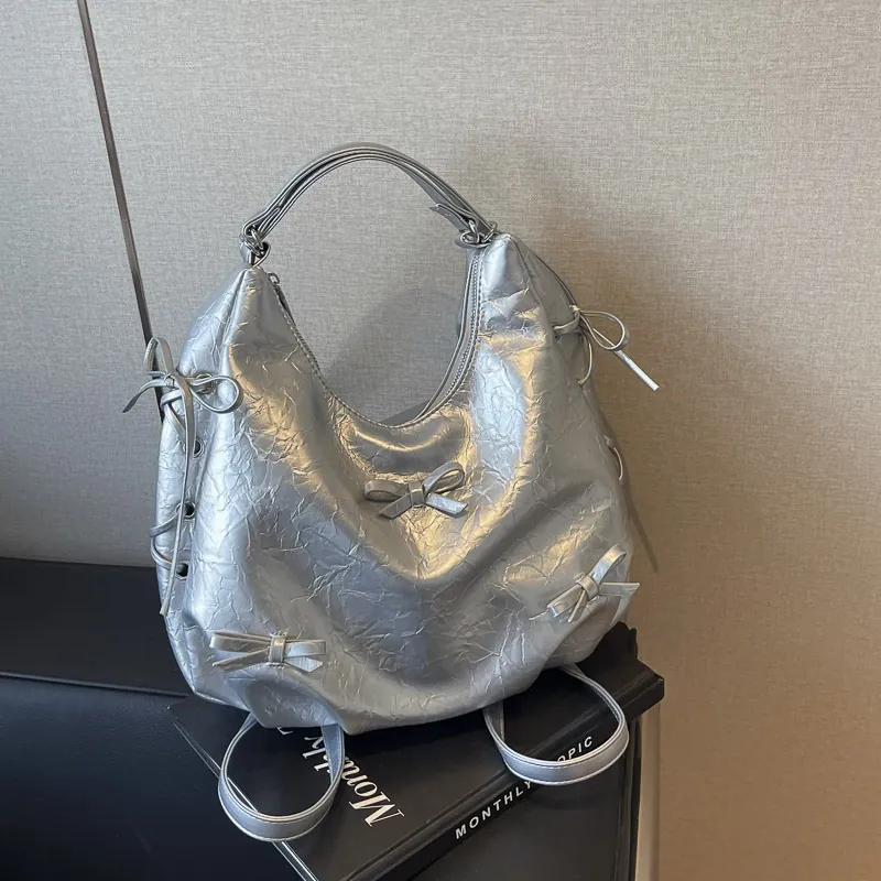 Korean Style Crinkled PU Leather Bow Shoulder Bag For Women Large Capacity Hobo Tote Multi-Way Carry Backpack For School