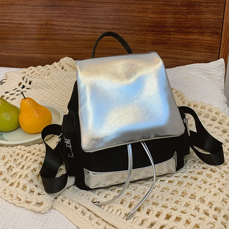 Women Fashion Contrast Color PU Leather Backpack Large Capacity Metallic Silver Black Casual Travel Rucksack College Students