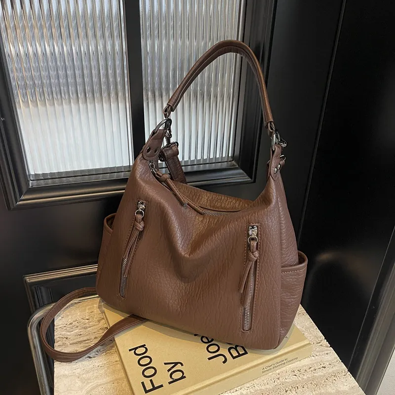 Vintage Litchi Grain PU Leather Tote Bag For Women Large Capacity Shoulder Bag With Tassel Zippers Commute Crossbody Bag