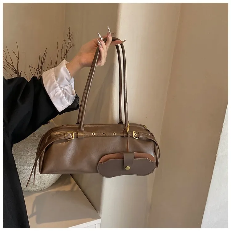 Retro PU Leather Baguette Bag Women Cylindrical Underarm Shoulder Bag With Detachable Sub-Bag Belt Buckle Stitching Street Style