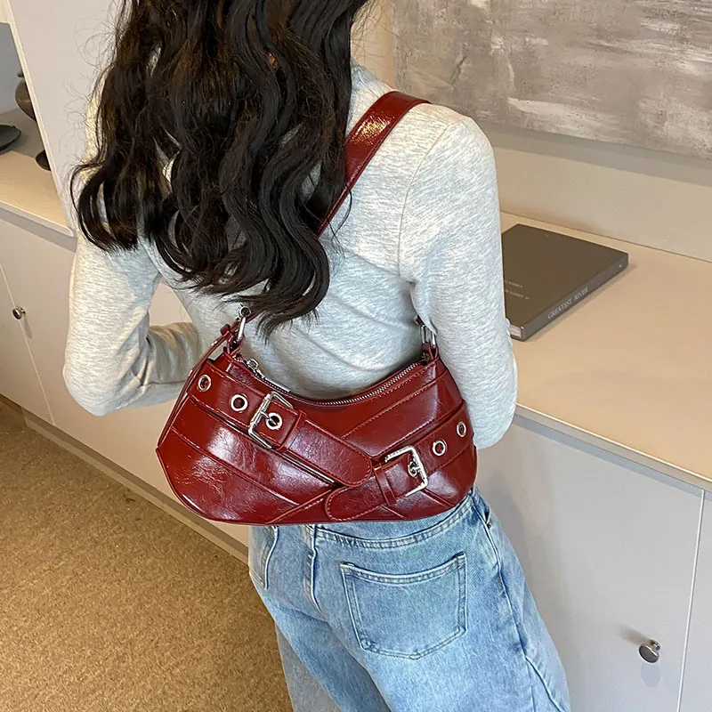 Women Y2K Moto Style PU Leather Underarm Bag With Metal Buckles And Eyelets Fashion Dumpling Shoulder Bag For Daily Party