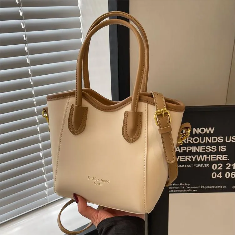 Women Casual Contrast Color Bucket Bag PU Leather Handbag With Adjustable Shoulder Strap Fashion Street Trend Tote Bag