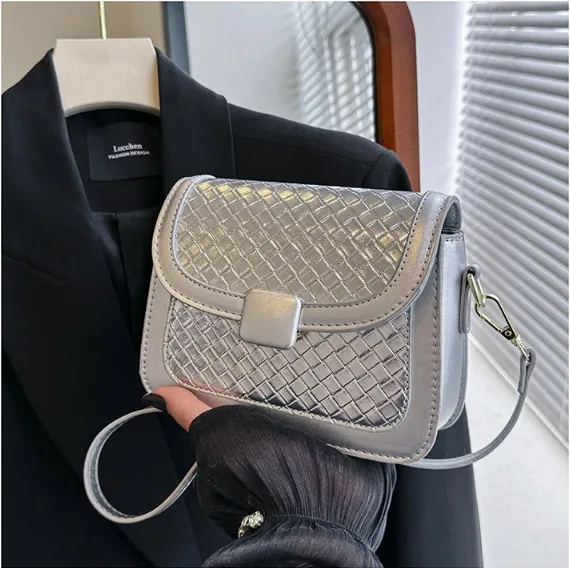 Fashion Woven Texture Women Crossbody Bag PU Leather Small Square Shoulder Bag Urban Minimalist Versatile Daily Party Handbag