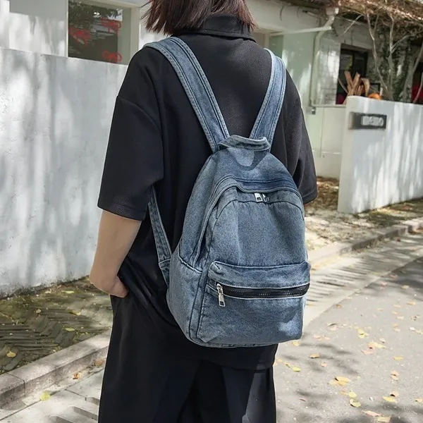 Zaino in Denim Lavato Retrò da Donna Zaino da College Streetwear Vintage Zaino da Viaggio Minimalista Con Tasca Frontale a Cerniera