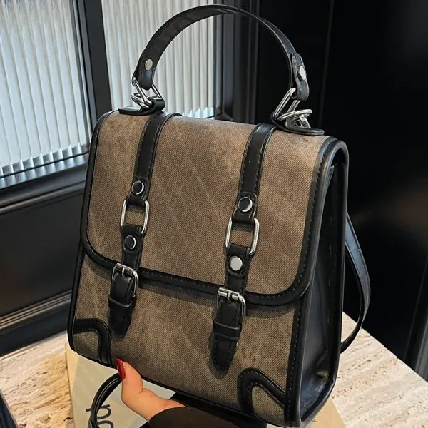 Vintage British Style Women PU Leather Patchwork Backpack Multifunctional Shoulder Crossbody Bag Handbag School Travel
