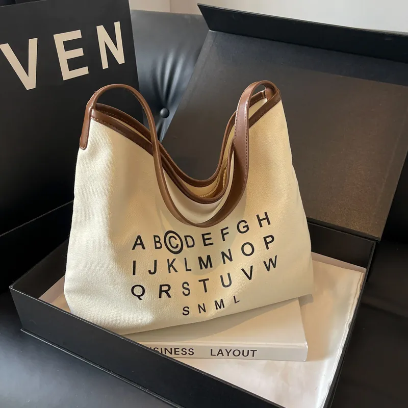 Minimalist Large Canvas Tote Bag For Women Men Unisex Letter Print Shoulder Bag Work School Casual Handbag Cotton Fabric Bag