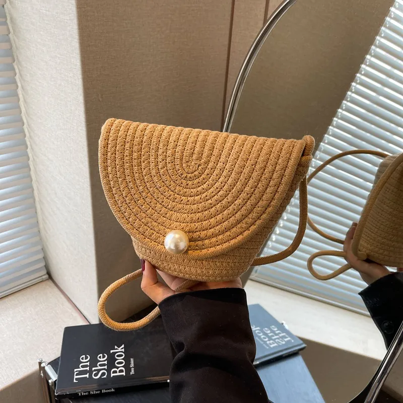 Women Fashion Woven Straw Crossbody Bag With Large Artificial Pearl Decoration Small Half Moon Summer Beach Vacation Bucket Shoulder Bag
