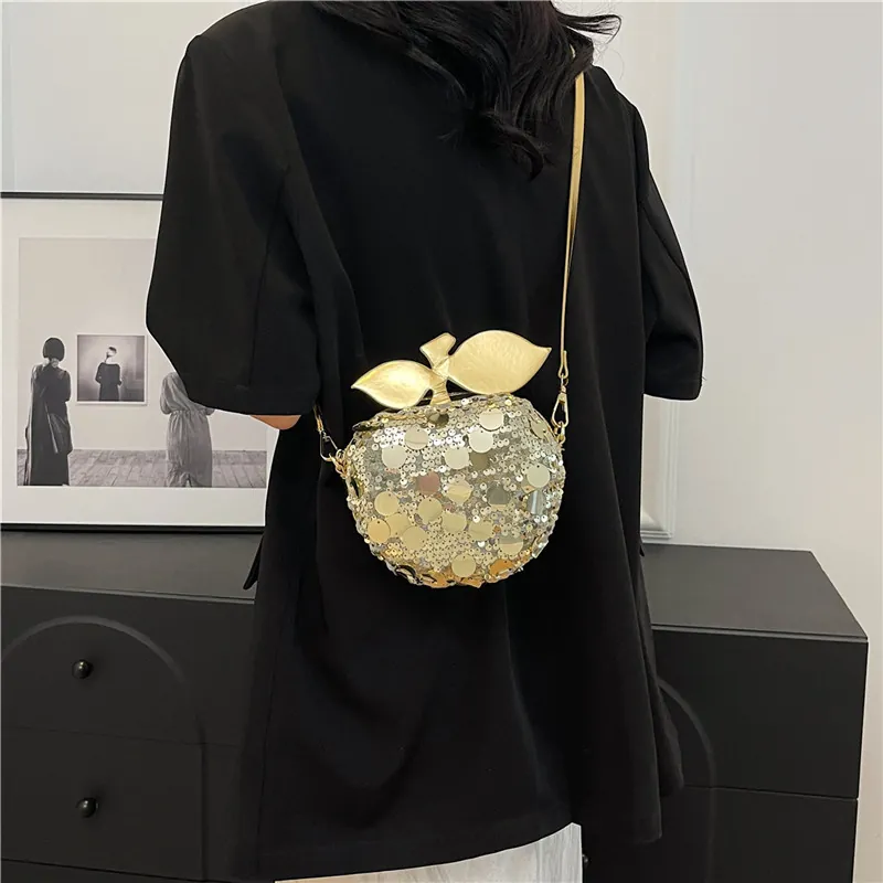Borsa a Tracolla a Forma di Mela con Paillettes alla Moda Lussuosa Borsa a Spalla con Catena Mini Portamonete da Donna