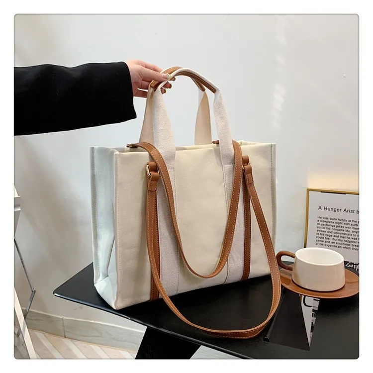 Sac Fourre-tout en Toile Décontracté pour Femmes Grande Capacité Sac à Bandoulière avec Sangles en Similicuir Contrastées Sac à Main Urbain Simple