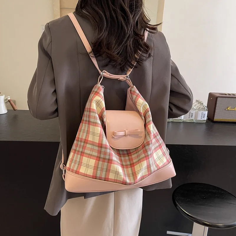 Damen Mode Karo Tragetasche Mit Schleifenknoten Große Kapazität PU Leder Leinwand Spleißen Umhängetasche Multi Funktion Rucksack