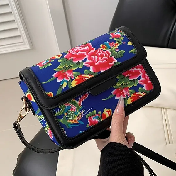 Women Vintage Chinese Style Flower Crossbody Bag PU Leather Floral Peony Print Small Square Shoulder Bag National Trend Purse