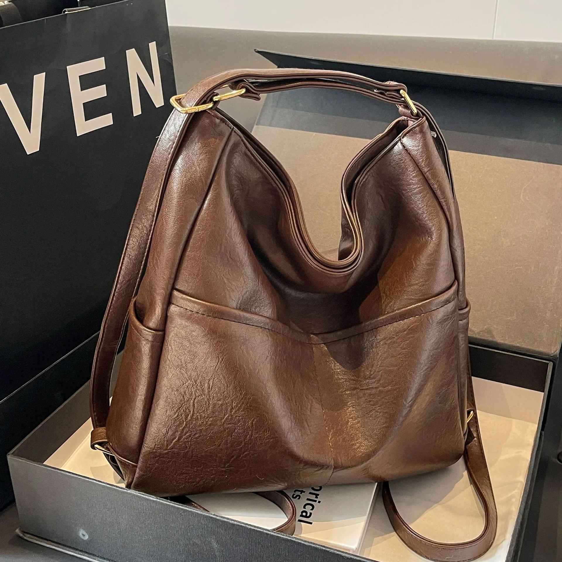 Women Large Capacity PU Leather Tote Bag Retro Style Shoulder Bag Urban Commute Shopper Handbag With Adjustable Strap