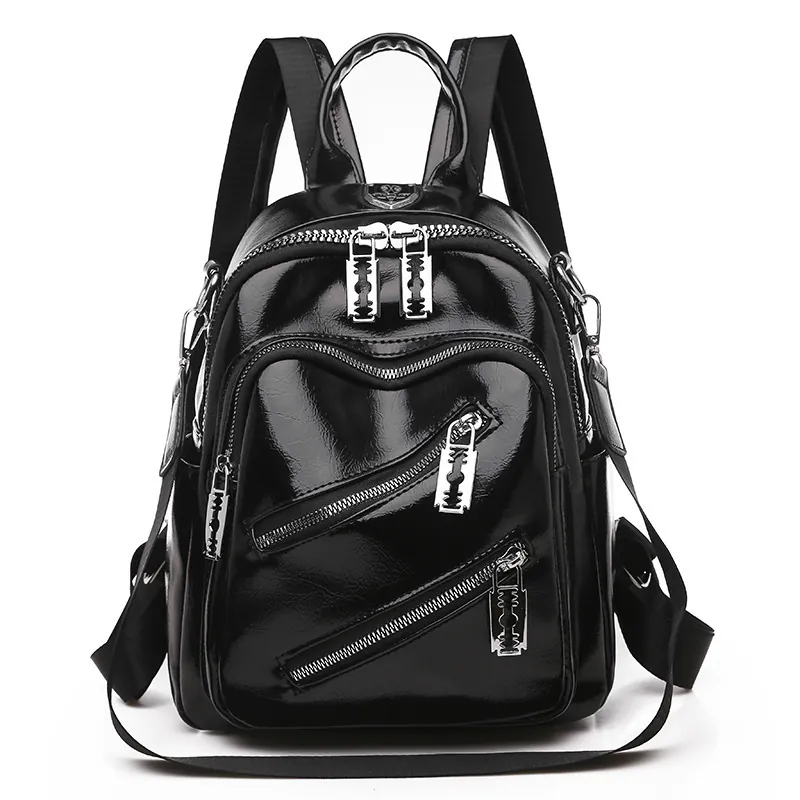 Sac à Dos en Cuir PU Brillant pour Femmes Mode Mini Sac de Voyage Multi Poche Grande Capacité Sac d'École Décontracté Avec Fermeture Éclair