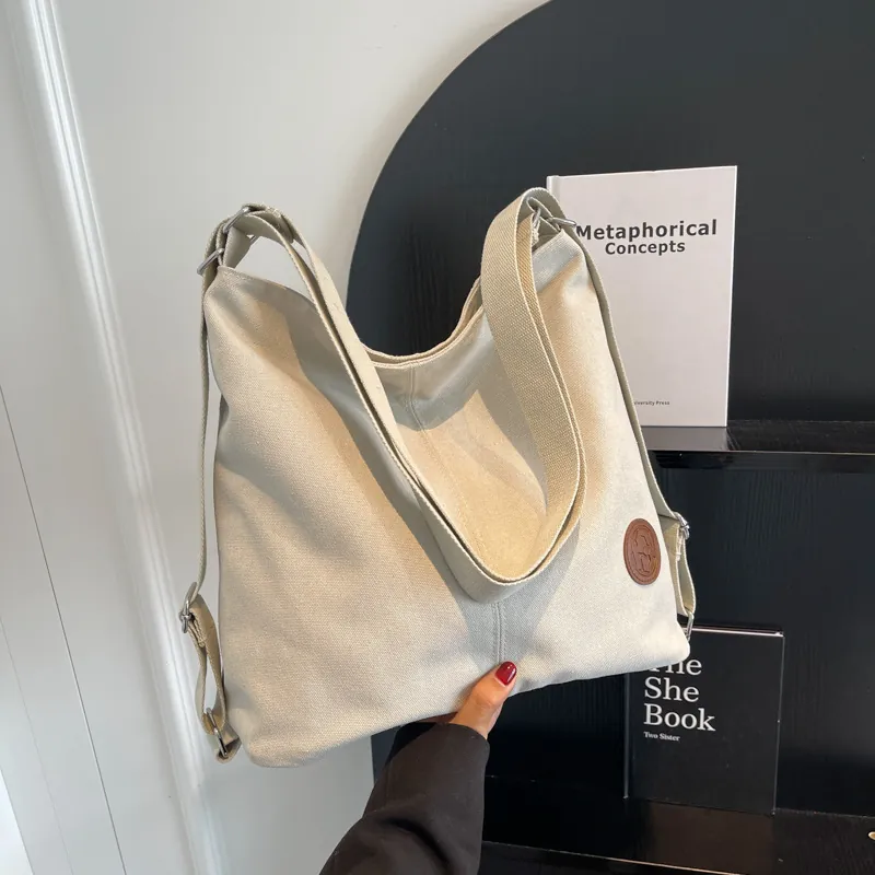 Women Large Capacity Canvas Tote Bag Casual Hobo Shoulder Bag Adjustable Strap Multi-way Carrying Travel Messenger Bag With Leather Patch