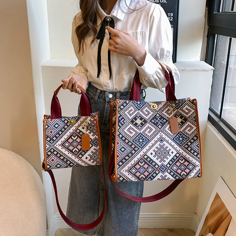Women Ethnic Geometric Woven Tote Bag Vintage Bohemian Canvas Handbag With Leather Trim Rotating Lock Striped Strap Large Capacity Crossbody Bag For Travel Daily
