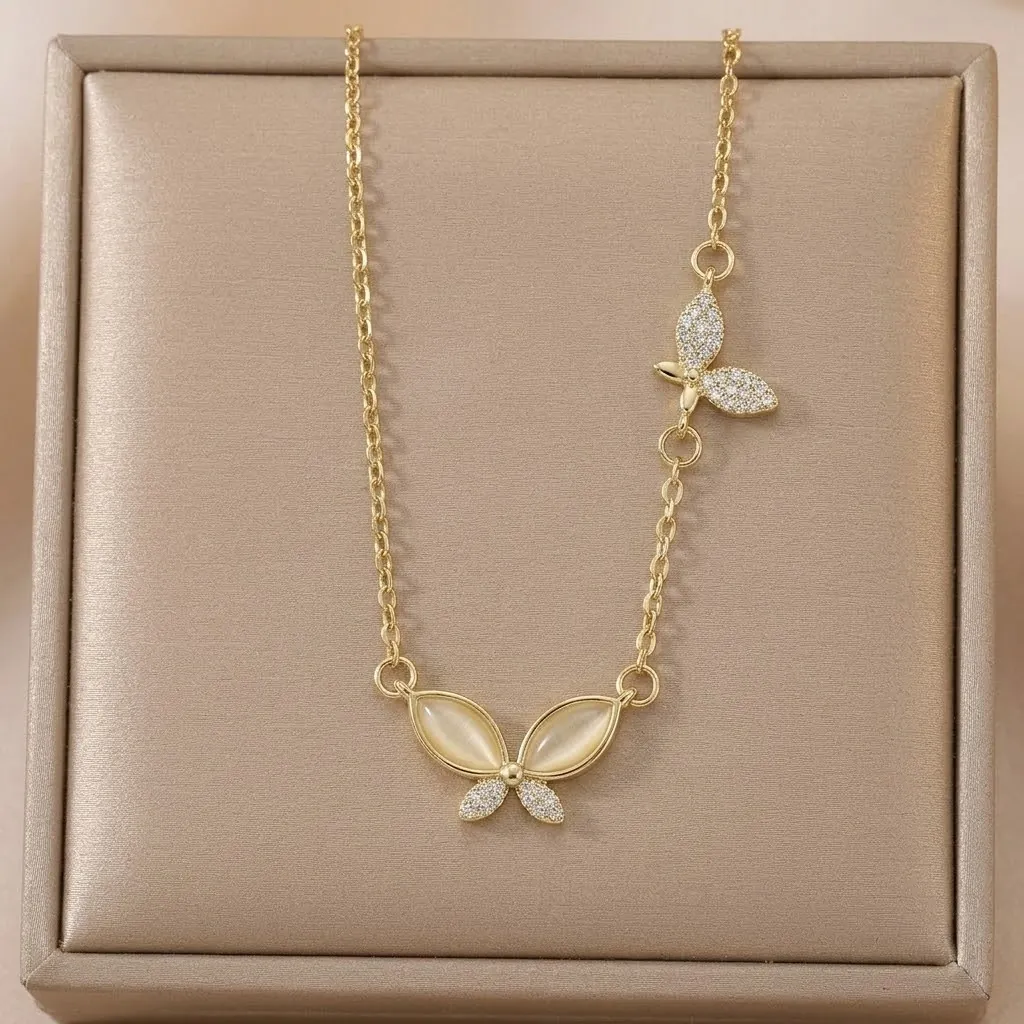 Butterfly Pendant Necklace Stainless Steel 18K Gold Plated Cat Eye Stone Zircon Inlaid Elegant Clavicle Chain For Women