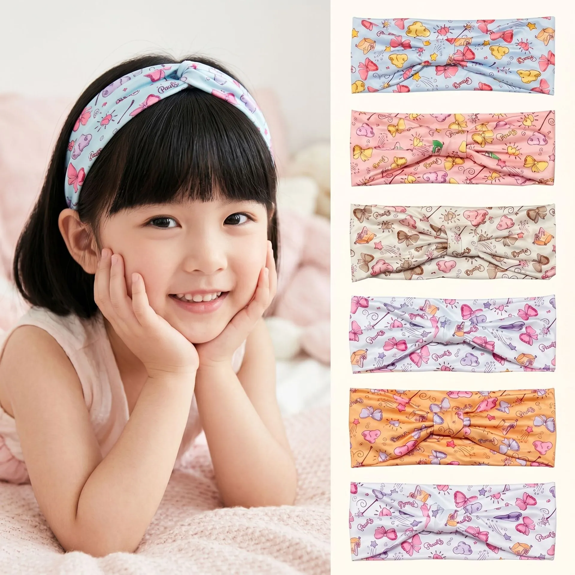 Elastic Cloth Sports Headband Printed Cartoon Bow Outdoor Fitness Yoga Hair Band For Women And Kids