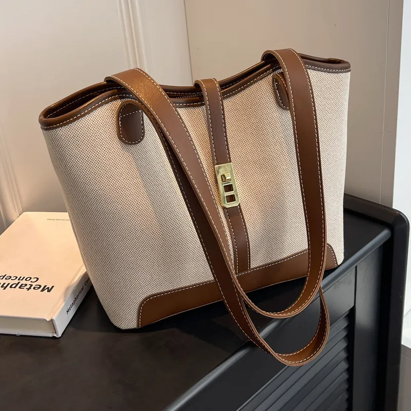 Fashion Contrast Color Canvas Tote Bag For Women Leather Stitching Large Capacity Shoulder Handbag With Metal Lock Commute