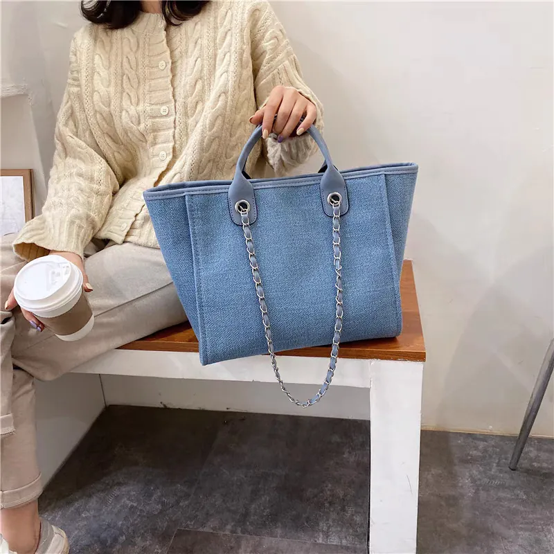 Sac Fourre-Tout en Toile pour Femmes Grande Capacité Mode Chaîne Épaule Bandoulière Sac Seau Décontracté Shopping