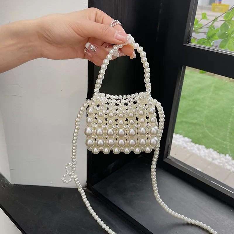 Vintage Geweven Parelimitatie Mini Crossbody Tas Voor Vrouwen Elegante Avondfeest Kralen Handtas Met Strik Decoratie